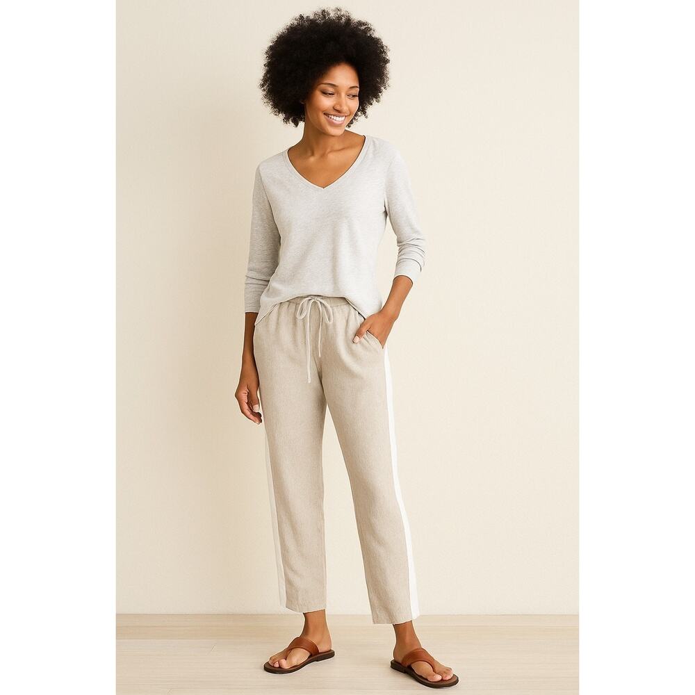 TOMMY BAHAMA Women’s Linen Drawstring Ankle Pants Tan White Stripe Small